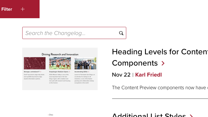 news listing page with search and filter controls