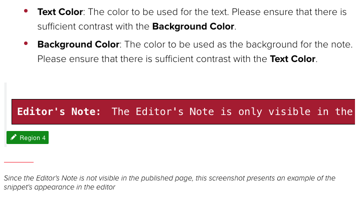 A red block with white text presents a note for content editors